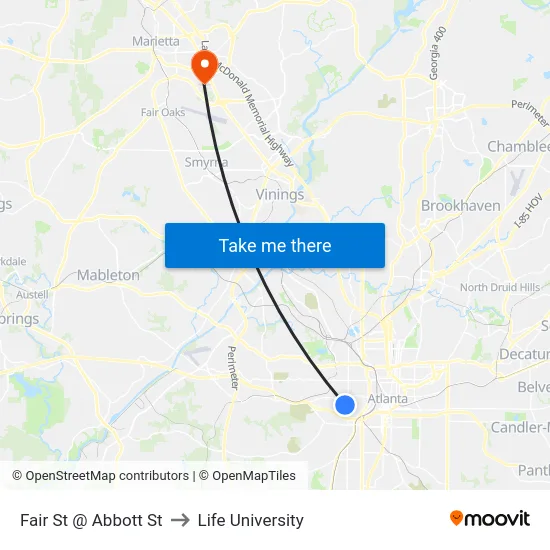 Fair St @ Abbott St to Life University map