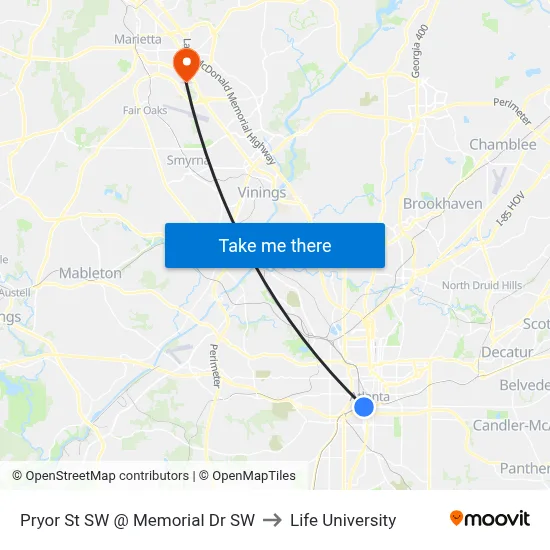 Pryor St SW @ Memorial Dr SW to Life University map