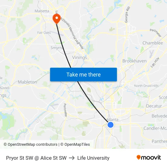 Pryor St SW @ Alice St SW to Life University map