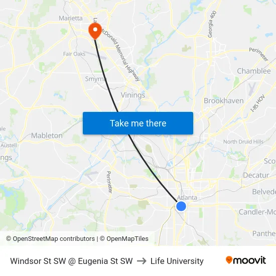 Windsor St SW @ Eugenia St SW to Life University map