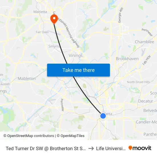 Ted Turner Dr SW @ Brotherton St SW to Life University map