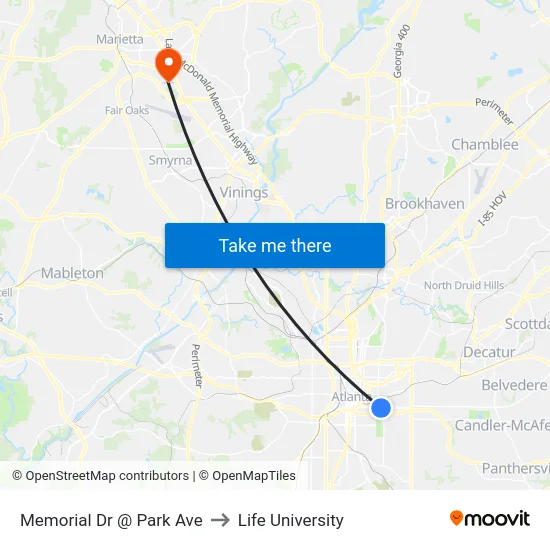 Memorial Dr @ Park Ave to Life University map