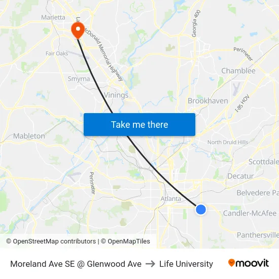 Moreland Ave SE @ Glenwood Ave to Life University map