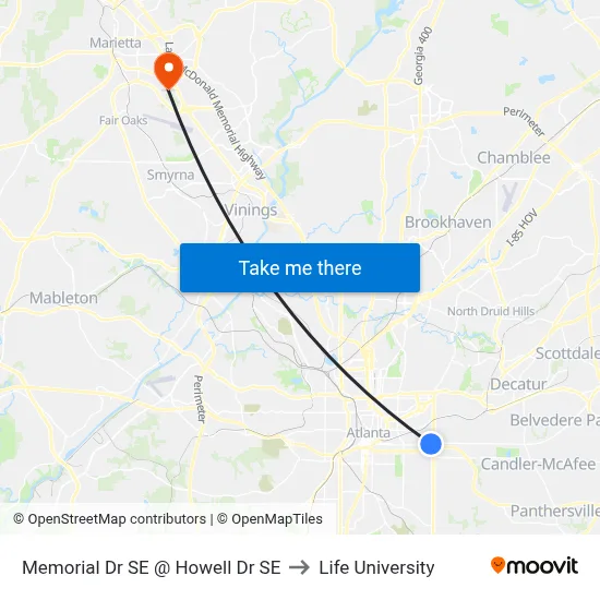 Memorial Dr SE @ Howell Dr SE to Life University map