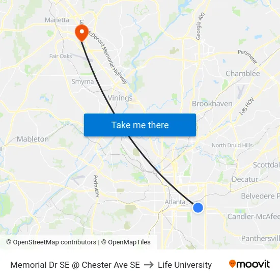 Memorial Dr SE @ Chester Ave SE to Life University map