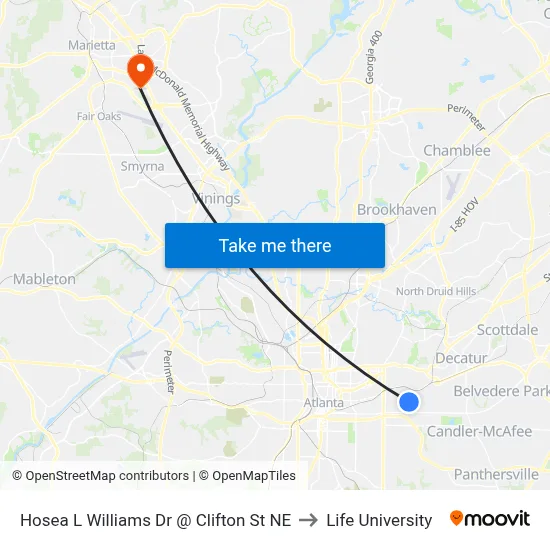 Hosea L Williams Dr @ Clifton St NE to Life University map