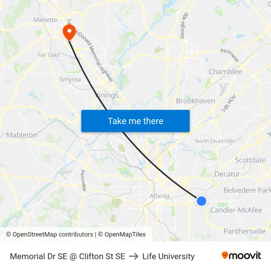 Memorial Dr SE @ Clifton St SE to Life University map