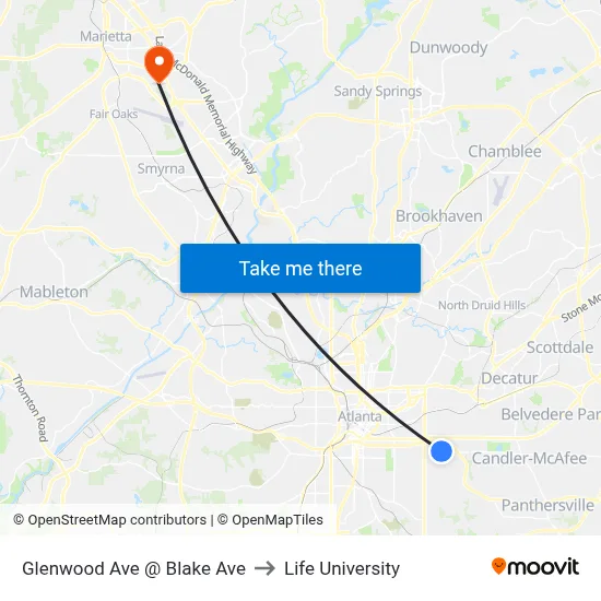 Glenwood Ave @ Blake Ave to Life University map