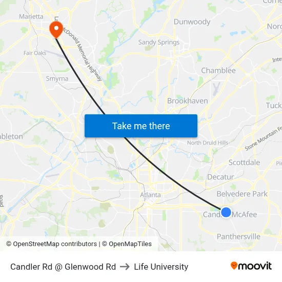 Candler Rd @ Glenwood Rd to Life University map