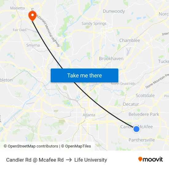 Candler Rd @ Mcafee Rd to Life University map