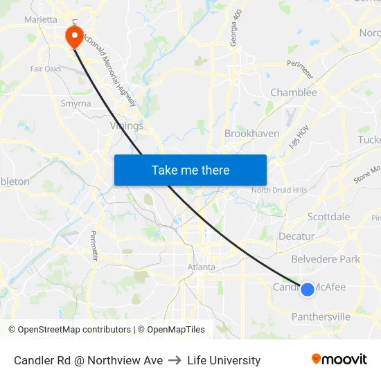 Candler Rd @ Northview Ave to Life University map