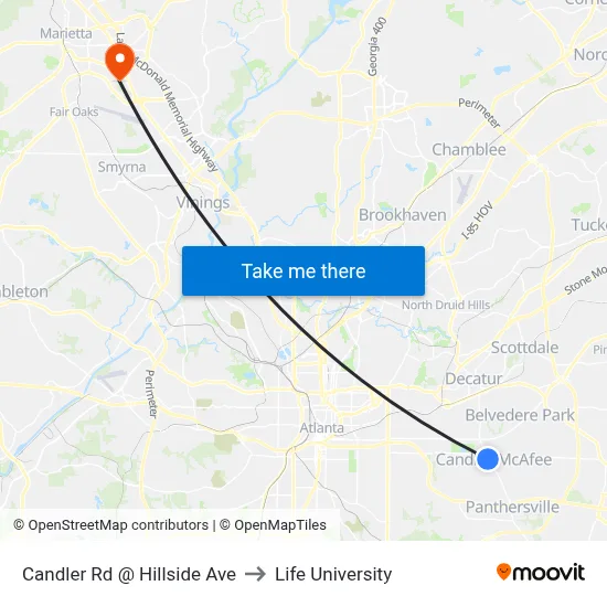 Candler Rd @ Hillside Ave to Life University map