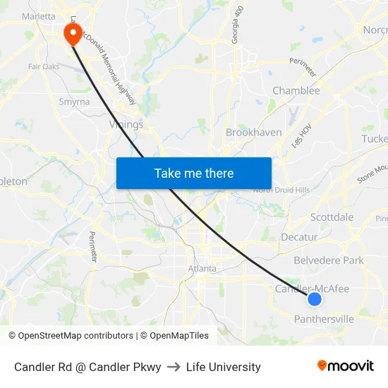 Candler Rd @ Candler Pkwy to Life University map