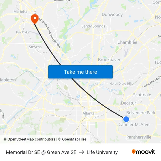 Memorial Dr SE @ Green Ave SE to Life University map