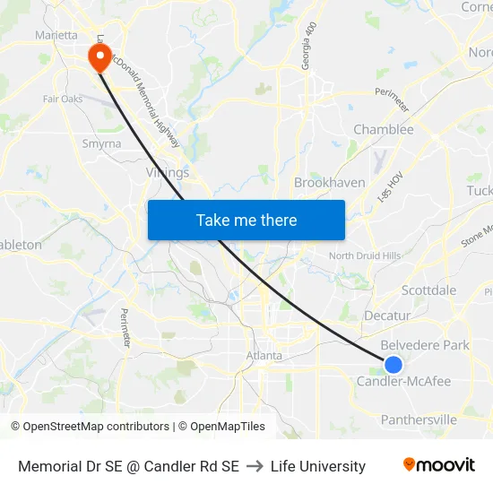 Memorial Dr SE @ Candler Rd SE to Life University map