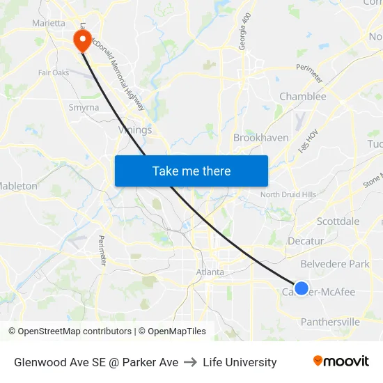 Glenwood Ave SE @ Parker Ave to Life University map