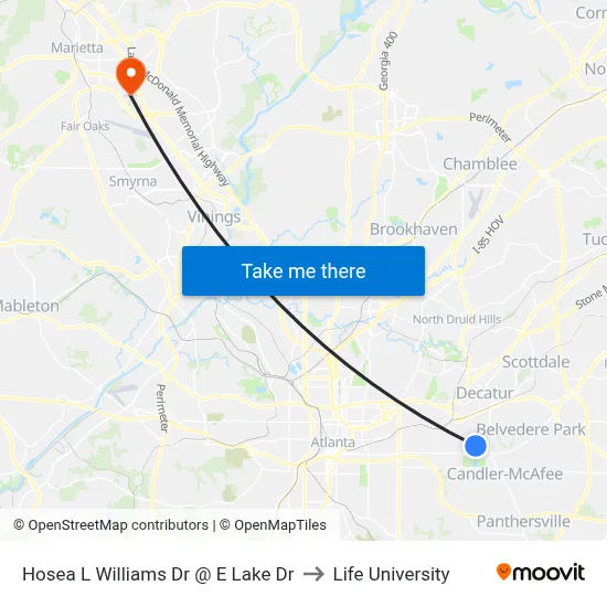 Hosea L Williams Dr @ E Lake Dr to Life University map