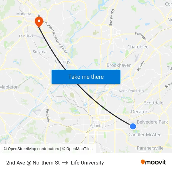 2nd Ave @ Northern St to Life University map