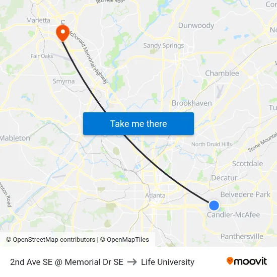 2nd Ave SE @ Memorial Dr SE to Life University map