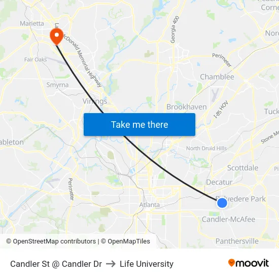 Candler St @ Candler Dr to Life University map