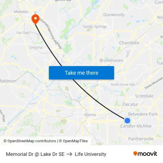 Memorial Dr @ Lake Dr SE to Life University map