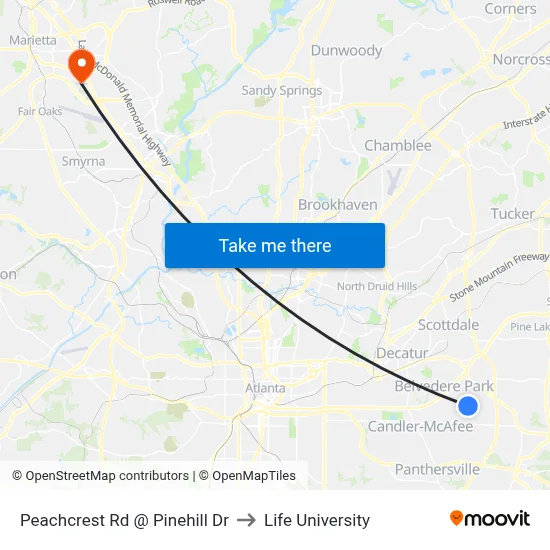 Peachcrest Rd @ Pinehill Dr to Life University map