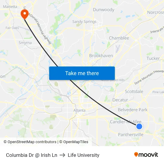 Columbia Dr @ Irish Ln to Life University map