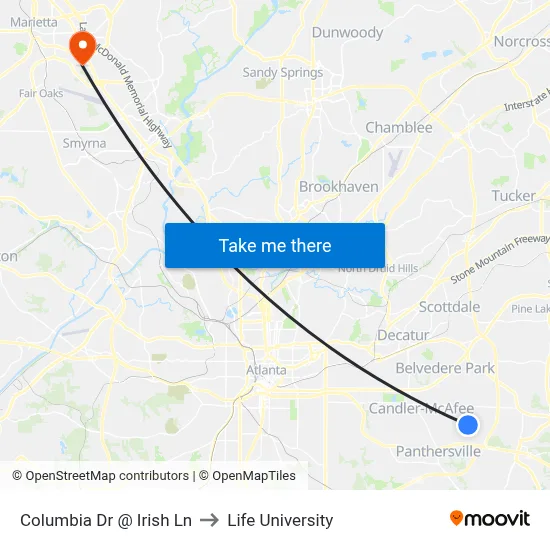 Columbia Dr @ Irish Ln to Life University map