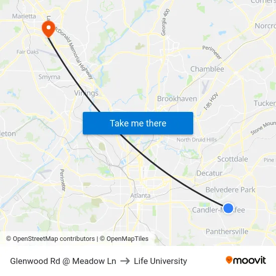 Glenwood Rd @ Meadow Ln to Life University map