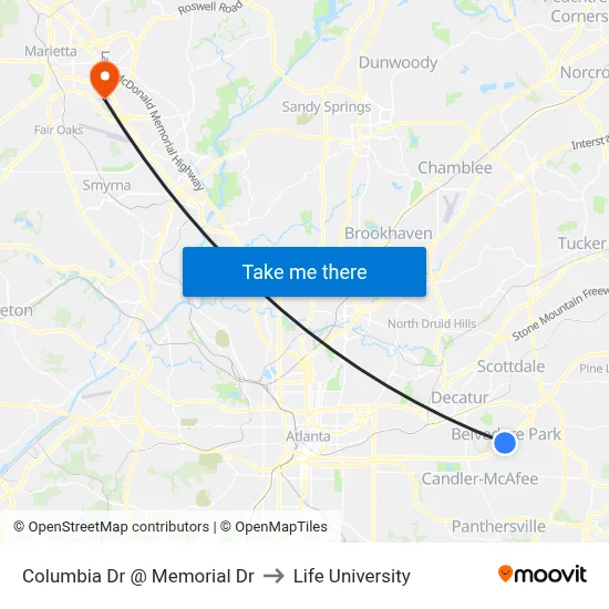 Columbia Dr @ Memorial Dr to Life University map