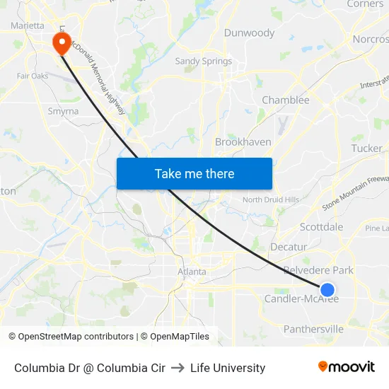 Columbia Dr @ Columbia Cir to Life University map
