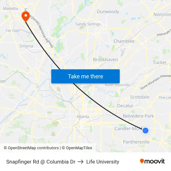 Snapfinger Rd @ Columbia Dr to Life University map