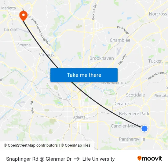 Snapfinger Rd @ Glenmar Dr to Life University map