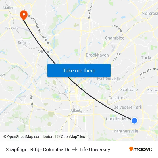 Snapfinger Rd @ Columbia Dr to Life University map