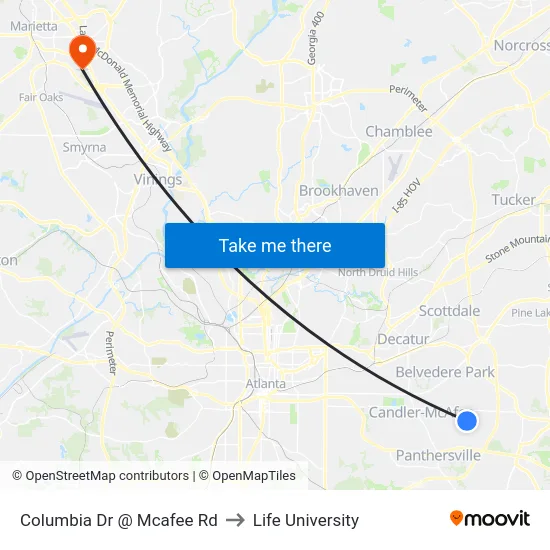 Columbia Dr @ Mcafee Rd to Life University map
