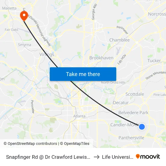 Snapfinger Rd @ Dr Crawford Lewis Dr to Life University map