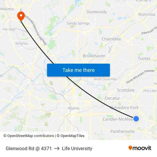 Glenwood Rd @ 4371 to Life University map
