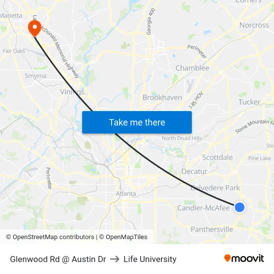 Glenwood Rd @ Austin Dr to Life University map