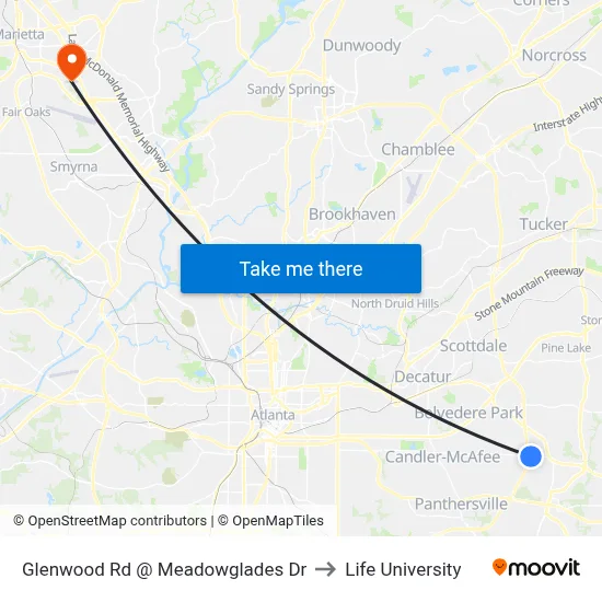 Glenwood Rd @ Meadowglades Dr to Life University map