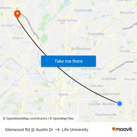 Glenwood Rd @ Austin Dr to Life University map