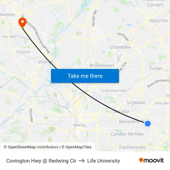 Covington Hwy @ Redwing Cir to Life University map