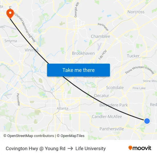 Covington Hwy @ Young Rd to Life University map