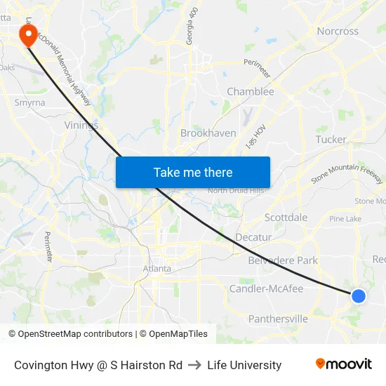 Covington Hwy @ S Hairston Rd to Life University map