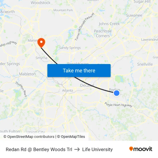 Redan Rd @ Bentley Woods Trl to Life University map