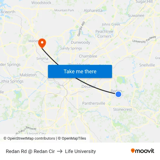 Redan Rd @ Redan Cir to Life University map