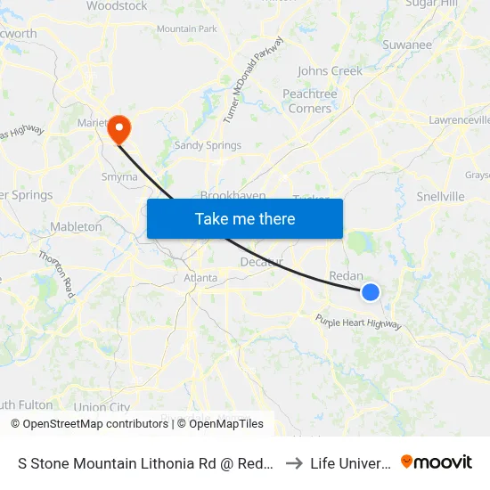 S Stone Mountain Lithonia Rd @ Redan East to Life University map
