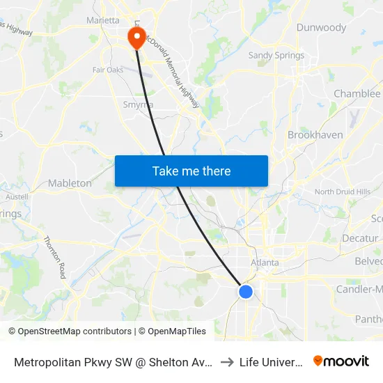Metropolitan Pkwy SW @ Shelton Ave SW to Life University map