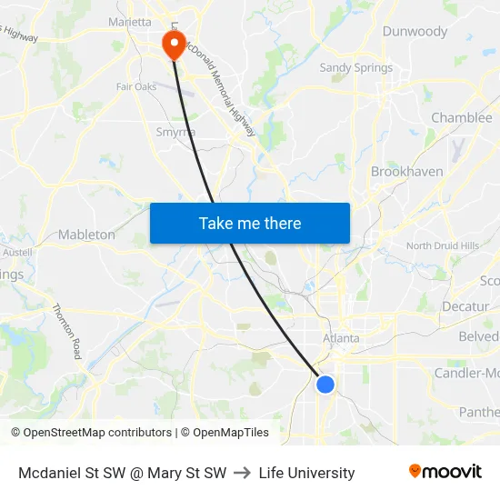 Mcdaniel St SW @ Mary St SW to Life University map