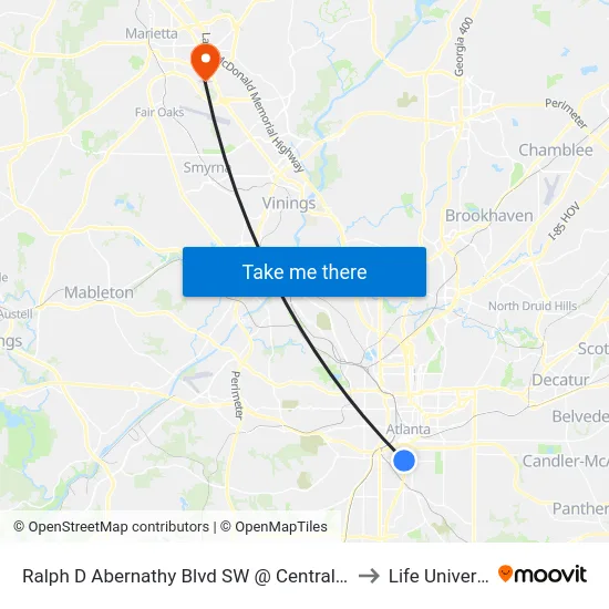 Ralph D Abernathy Blvd SW @ Central Ave SW to Life University map