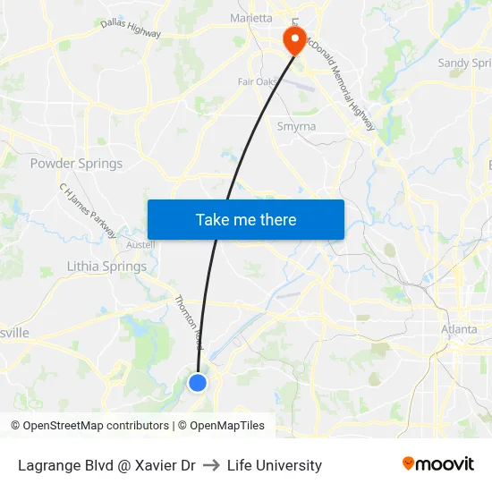 Lagrange Blvd @ Xavier Dr to Life University map